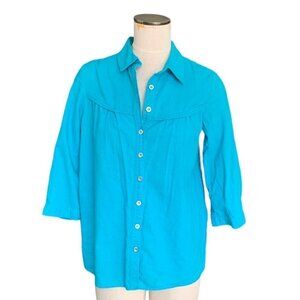 Emma James Linen-Cotton Blend Button Front Roll Tab Shirt M Turquoise 128E